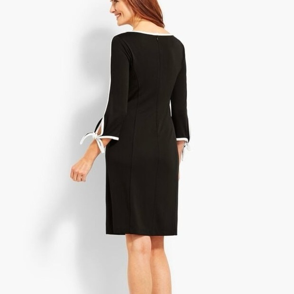 TALBOTS WOMENS XS BLACK WHITE ELBOW-SLEEVE TIE SMOOTH JERSEY DRESS BUSINESS EUC! - Picture 2 of 15